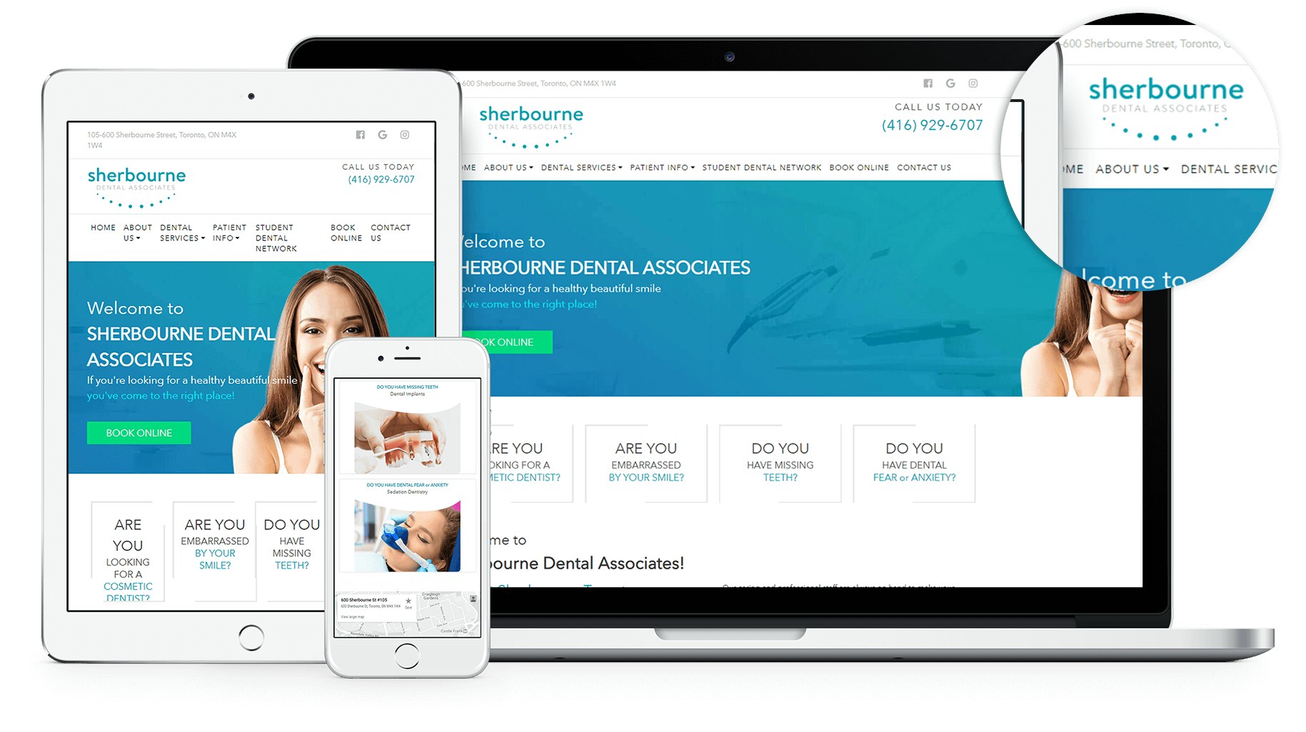 MarketDental developed a clean, elegant logo concept for Sherbourne Dental Associates, which then segued well into the design